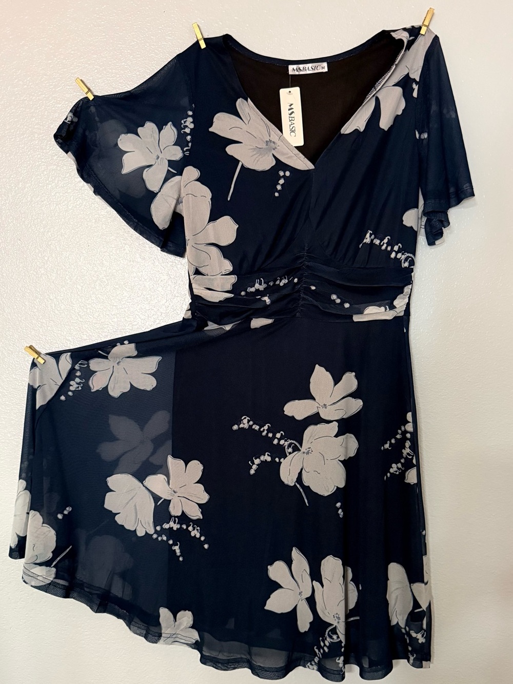 NWT MSBASIC Navy Floral Ruched Mesh Dress M